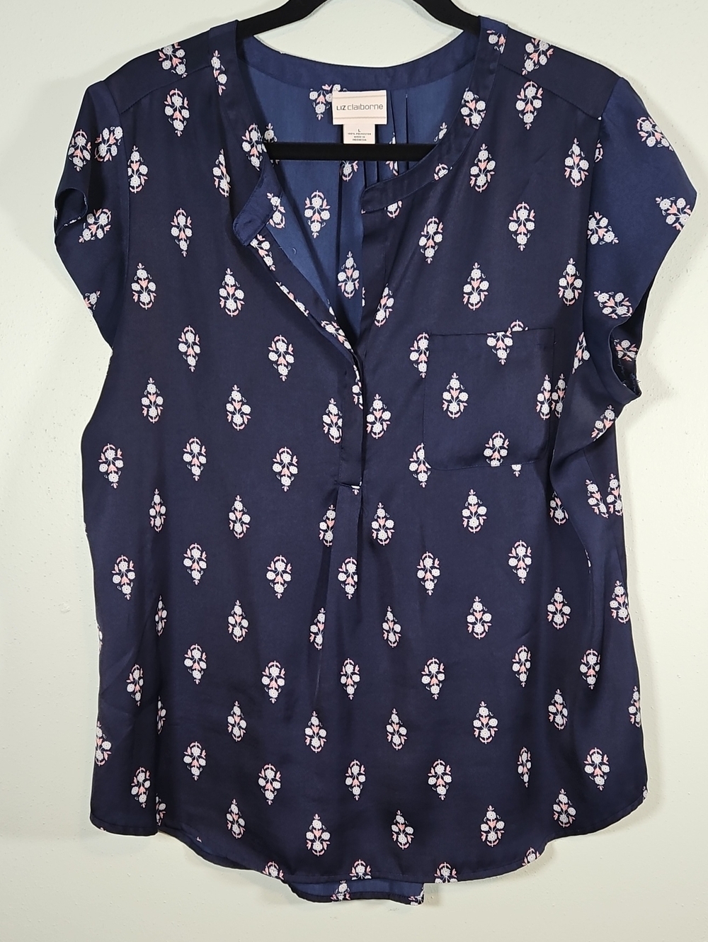 Liz Claiborne Navy Blue Floral-Print Short Sleeve Blouse